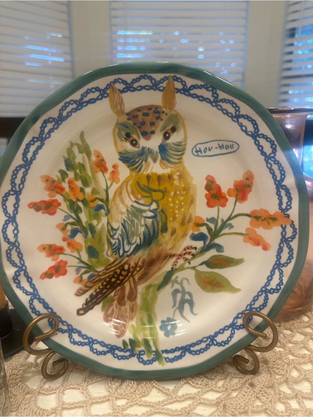 Hand-Painted Nathalie Lete Owl Decorative Plate in Teal and Multicolor